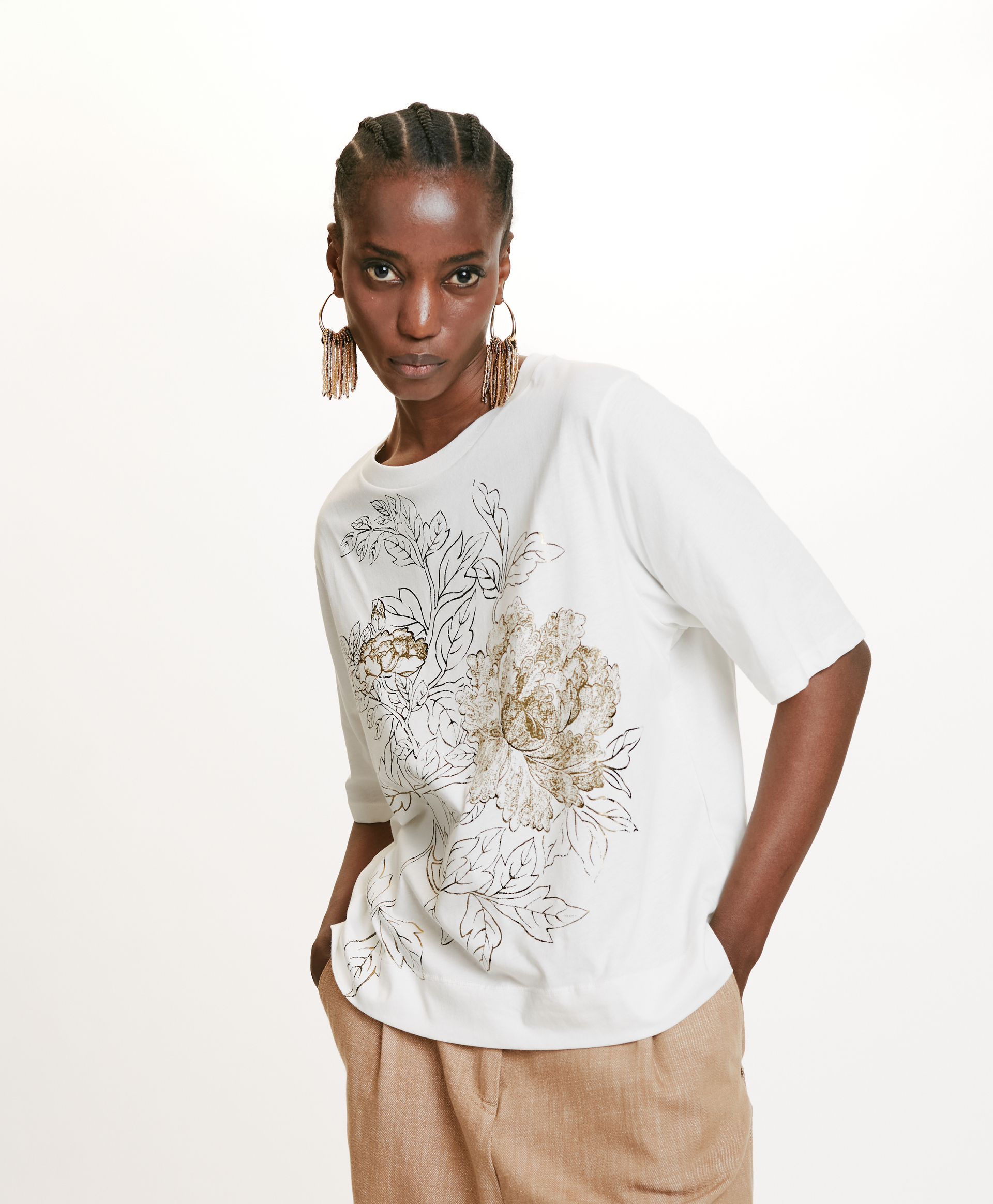 IORA T-SHIRT IN LAMINATED PRINT JERSEY - GOLD - Momonì