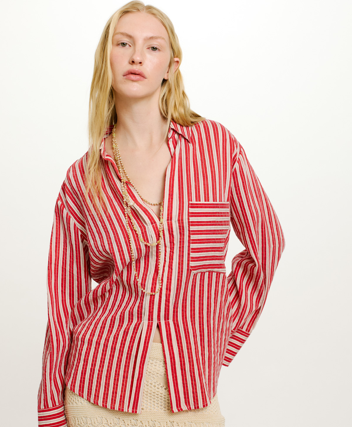 TARA BLOUSE IN STRIPED COTTON AND SILK - CREAM/RED - Clothing - Momonì