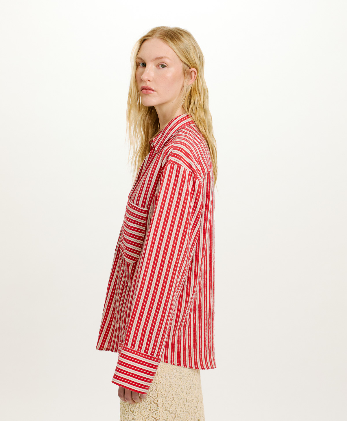 BLUSA TARA IN COTONE E SETA RIGATO - PANNA/ROSSO - Momonì