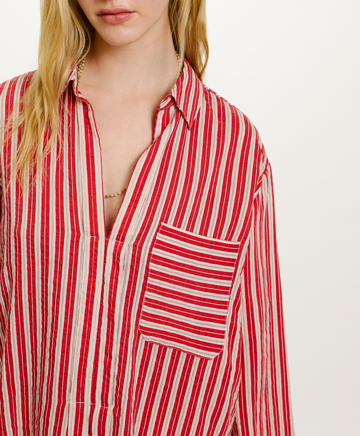 BLUSA TARA IN COTONE E SETA RIGATO - PANNA/ROSSO - Momonì