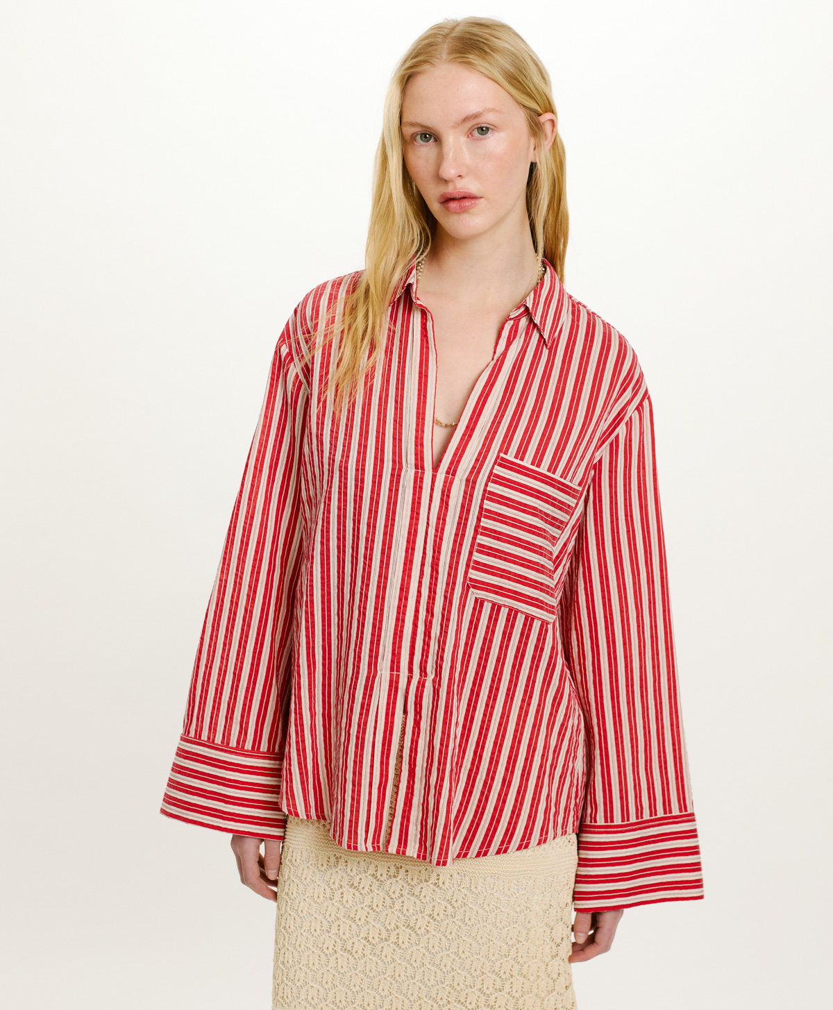 BLUSA TARA IN COTONE E SETA RIGATO - PANNA/ROSSO - Momonì
