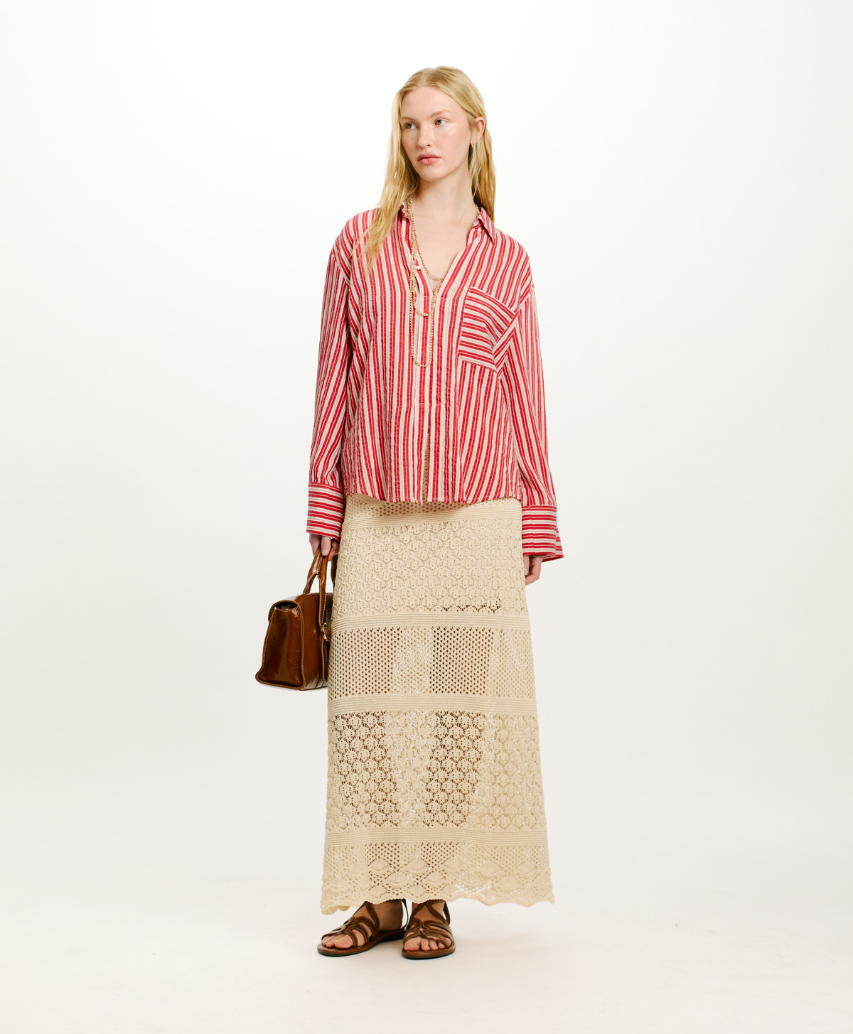BLUSA TARA IN COTONE E SETA RIGATO - PANNA/ROSSO - Momonì