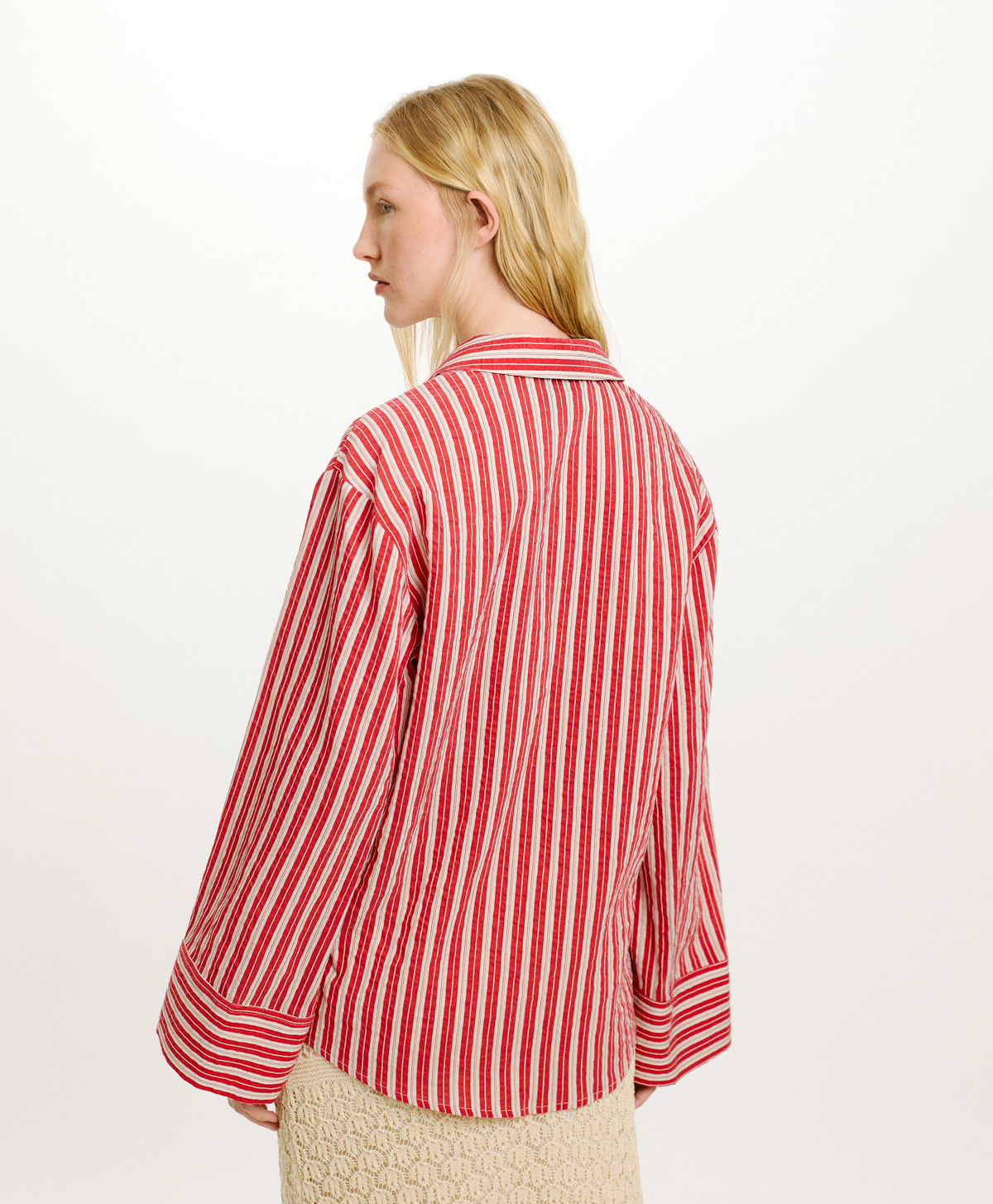 BLUSA TARA IN COTONE E SETA RIGATO - PANNA/ROSSO - Momonì