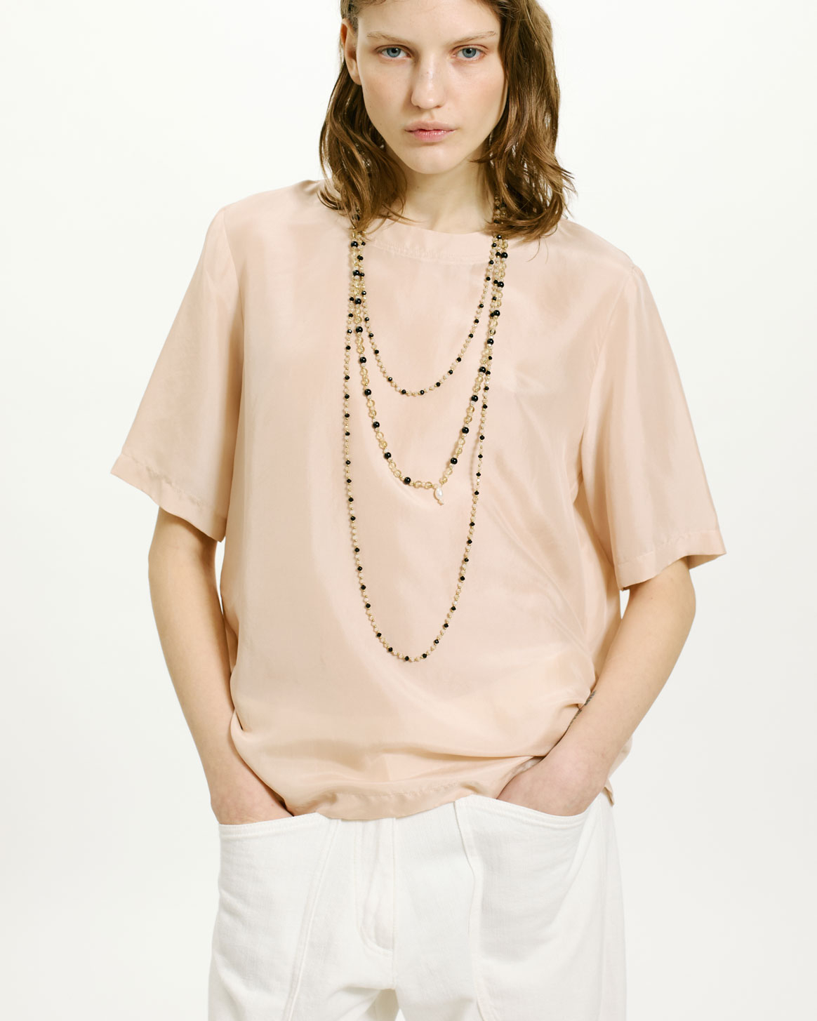 AMARU BLOUSE IN SOLID COLOUR HABUTAI SILK - PETAL - Clothing - Momonì