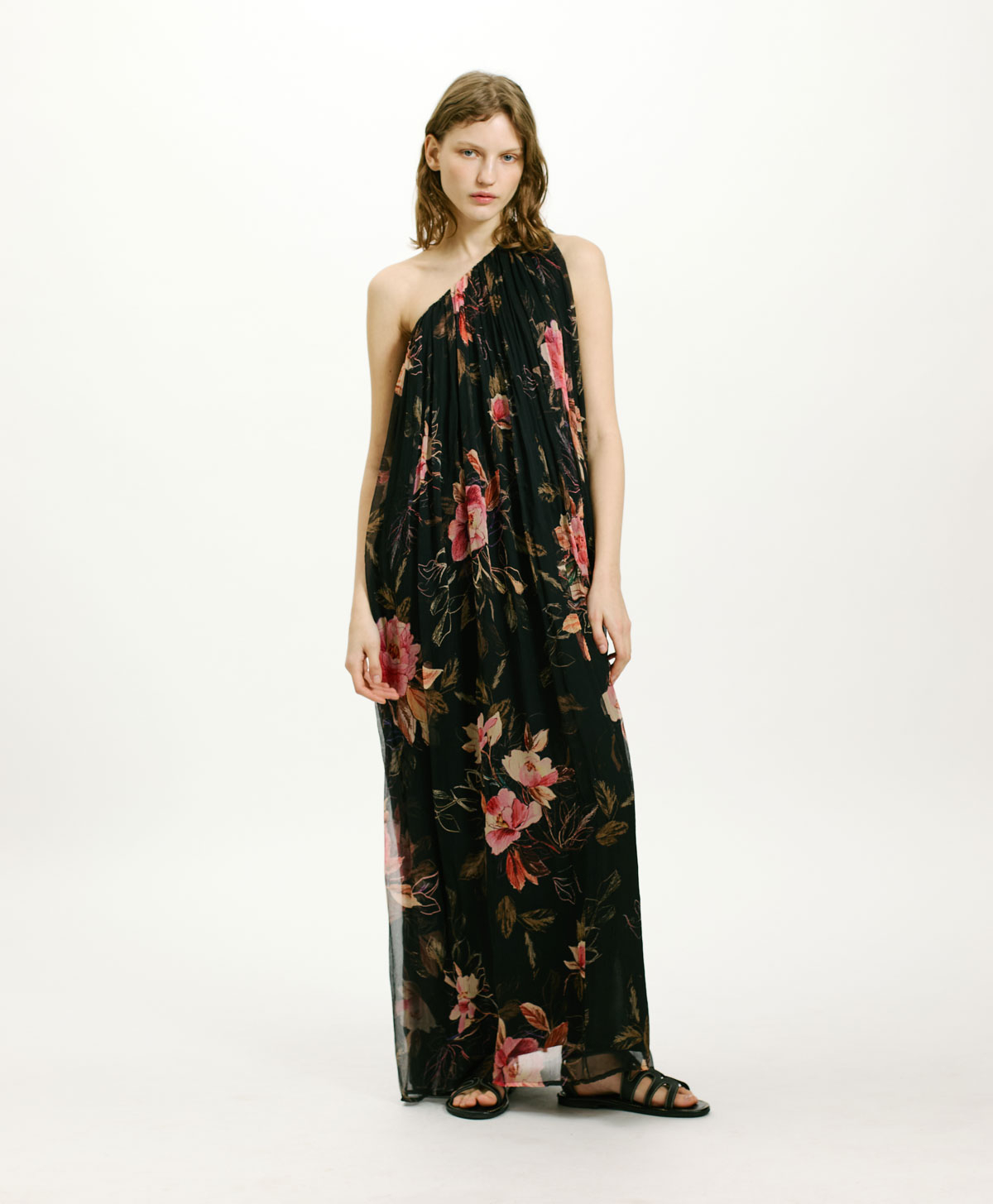 VESTITO LUNA IN CHIFFON CREPON STAMPATO - NERO/ROSA - Clothing - Momonì