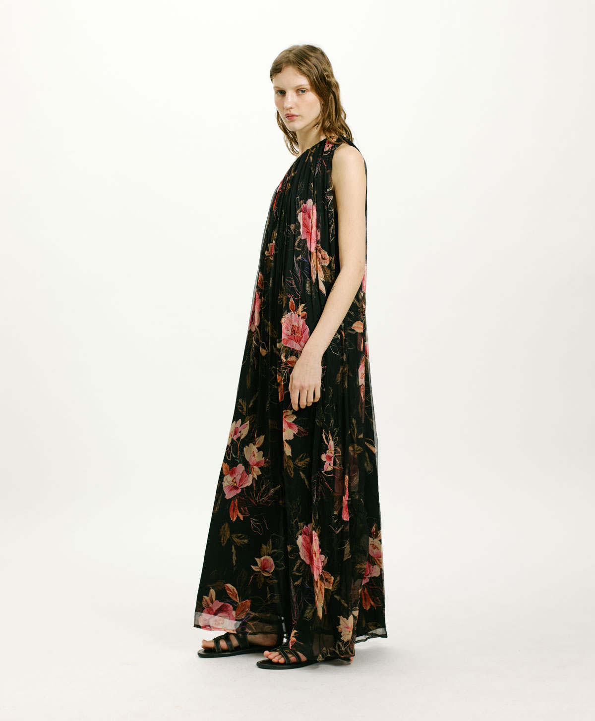 LUNA DRESS IN PRINTED CHIFFON CREPON - BLACK/PINK - Momonì