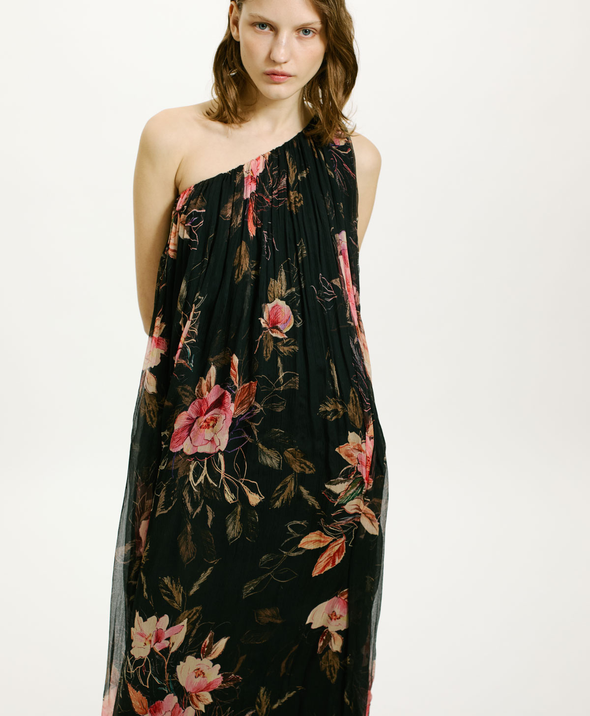 LUNA DRESS IN PRINTED CHIFFON CREPON - BLACK/PINK - Momonì