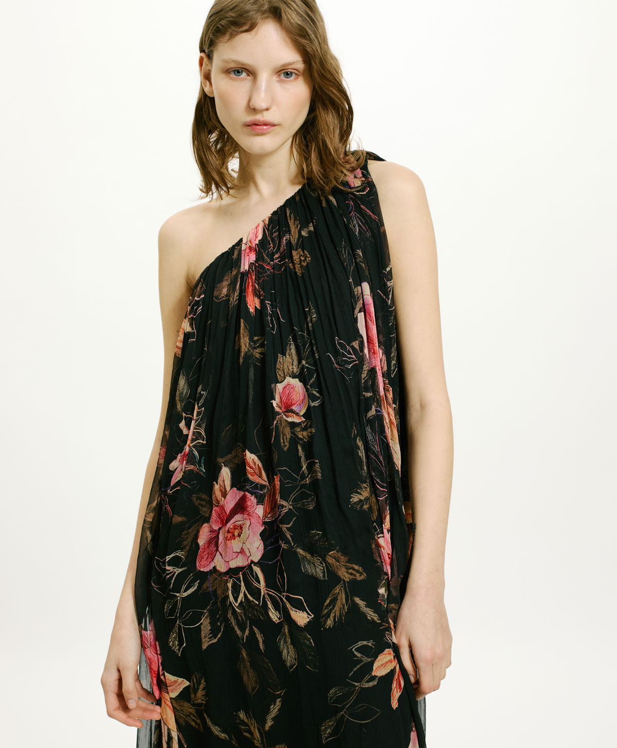 LUNA DRESS IN PRINTED CHIFFON CREPON - BLACK/PINK - Momonì