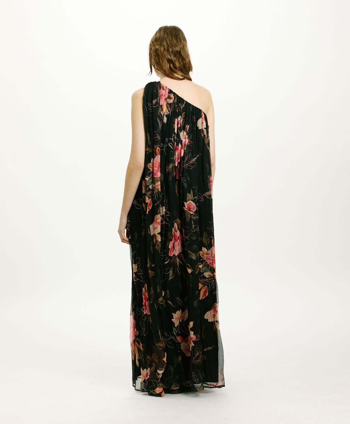 LUNA DRESS IN PRINTED CHIFFON CREPON - BLACK/PINK - Momonì