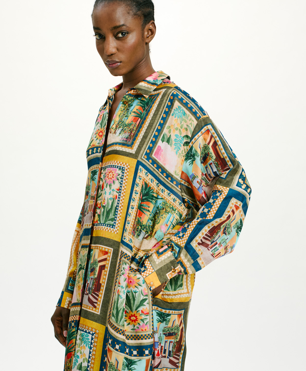 JAU DRESS IN PRINTED HABUTAI - MULTICOLOR GREEN - Momonì