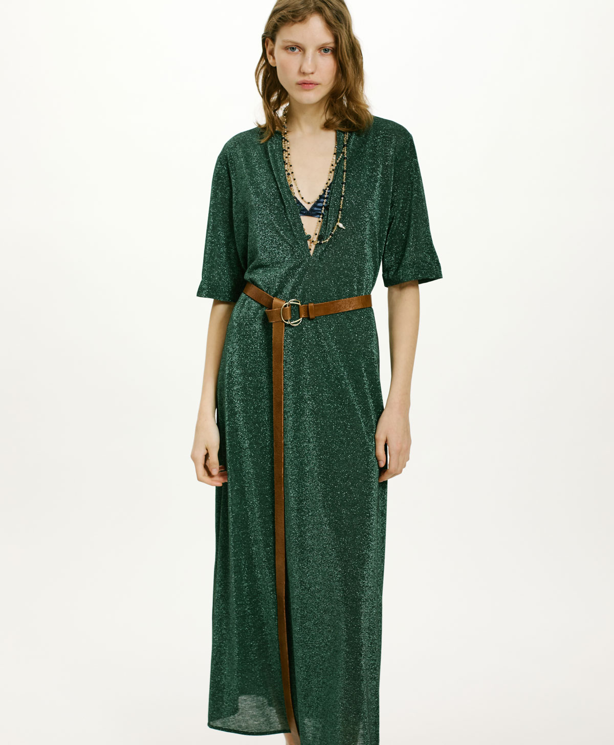 PENELOPE DRESS IN SOLID COLOUR LUREX JERSEY - DARK GREEN - Clothing - Momonì