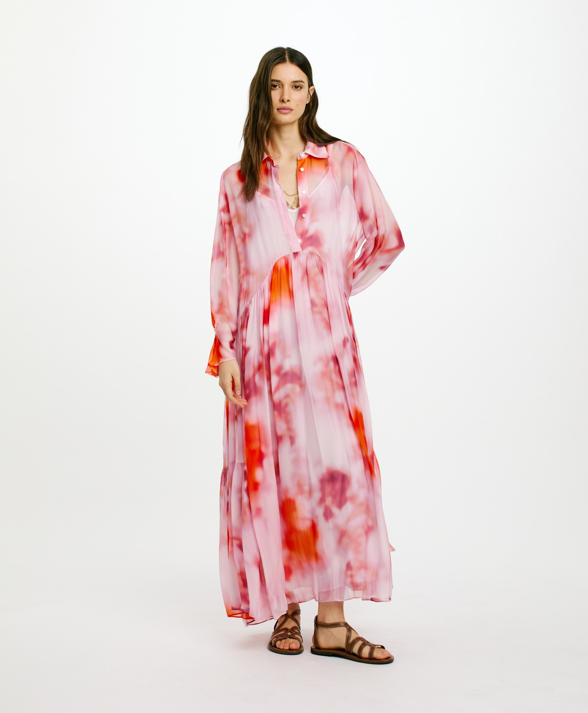 MIAMI DRESS IN PRINTED SILK VISCOSE CHIFFON - ORANGE/BRICK RED - Clothing - Momonì