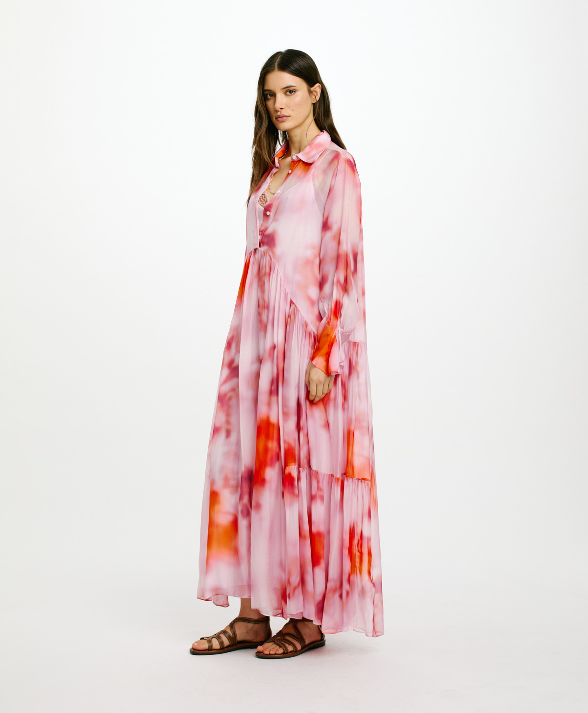 MIAMI DRESS IN PRINTED SILK VISCOSE CHIFFON - ORANGE/BRICK RED - Momonì