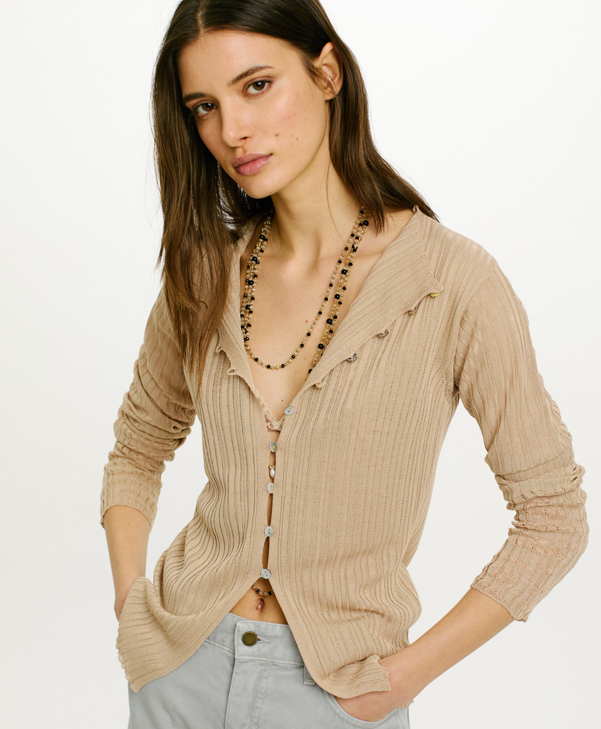 CARDIGAN GIRONA A COSTINE - NATURALE - Momonì