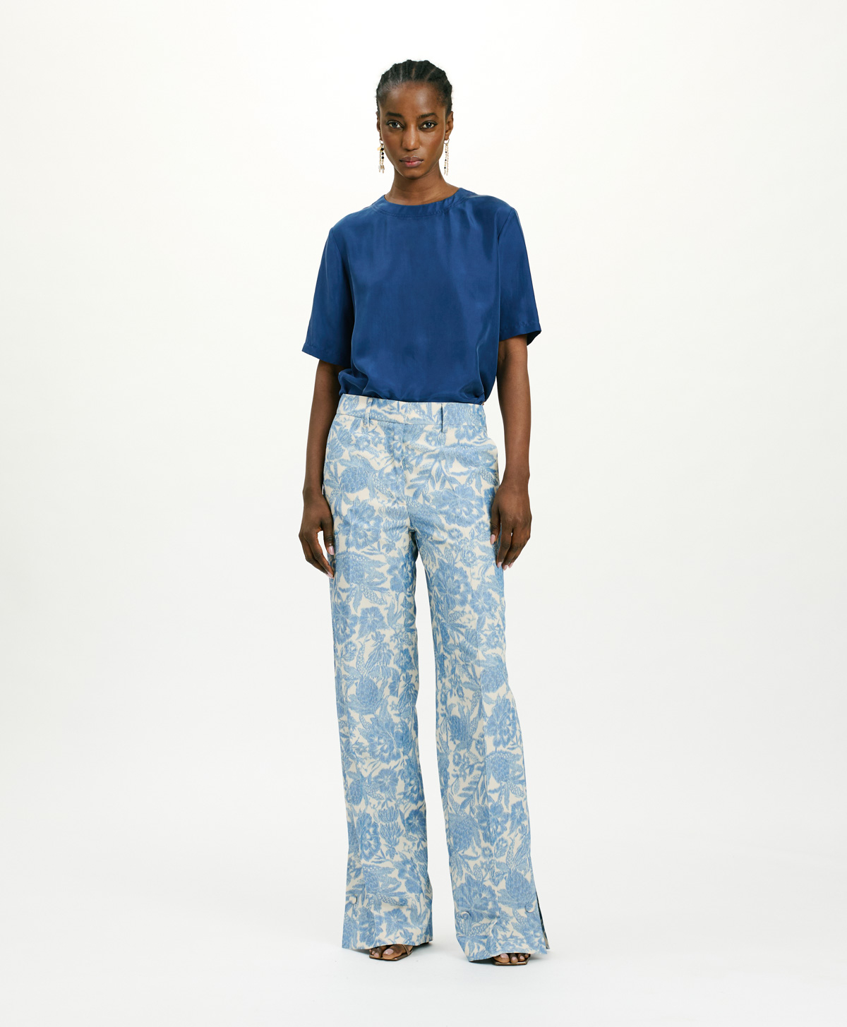 PANTALONI SANTIAGO IN JAQUARD TROPICAL - BURRO/BLU NAVY - Momonì