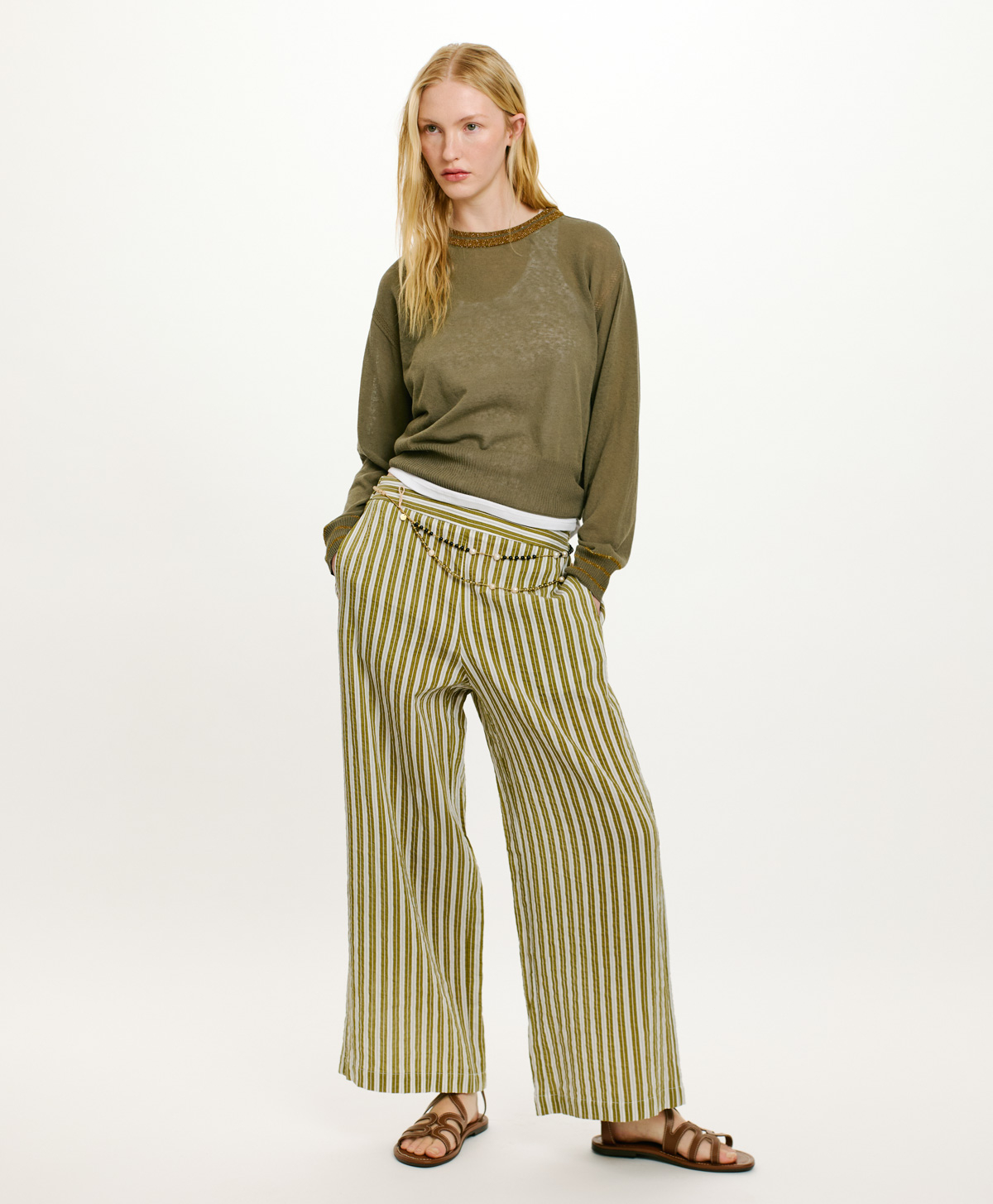 JUAN PANTS IN STRIPED COTTON AND SILK - CREAM/GREEN - Clothing - Momonì