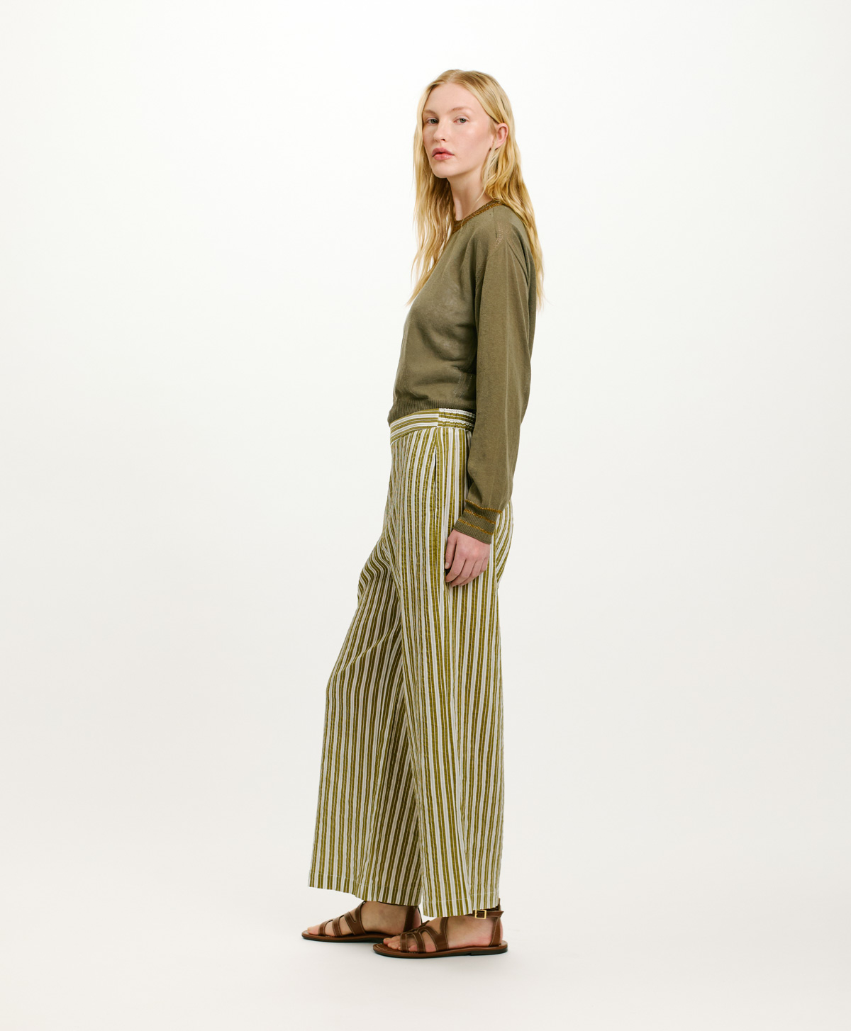 PANTALONI JUAN IN COTONE E SETA RIGATO - PANNA/VERDE - Momonì
