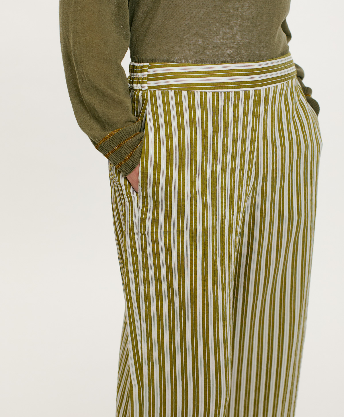 PANTALONI JUAN IN COTONE E SETA RIGATO - PANNA/VERDE - Momonì