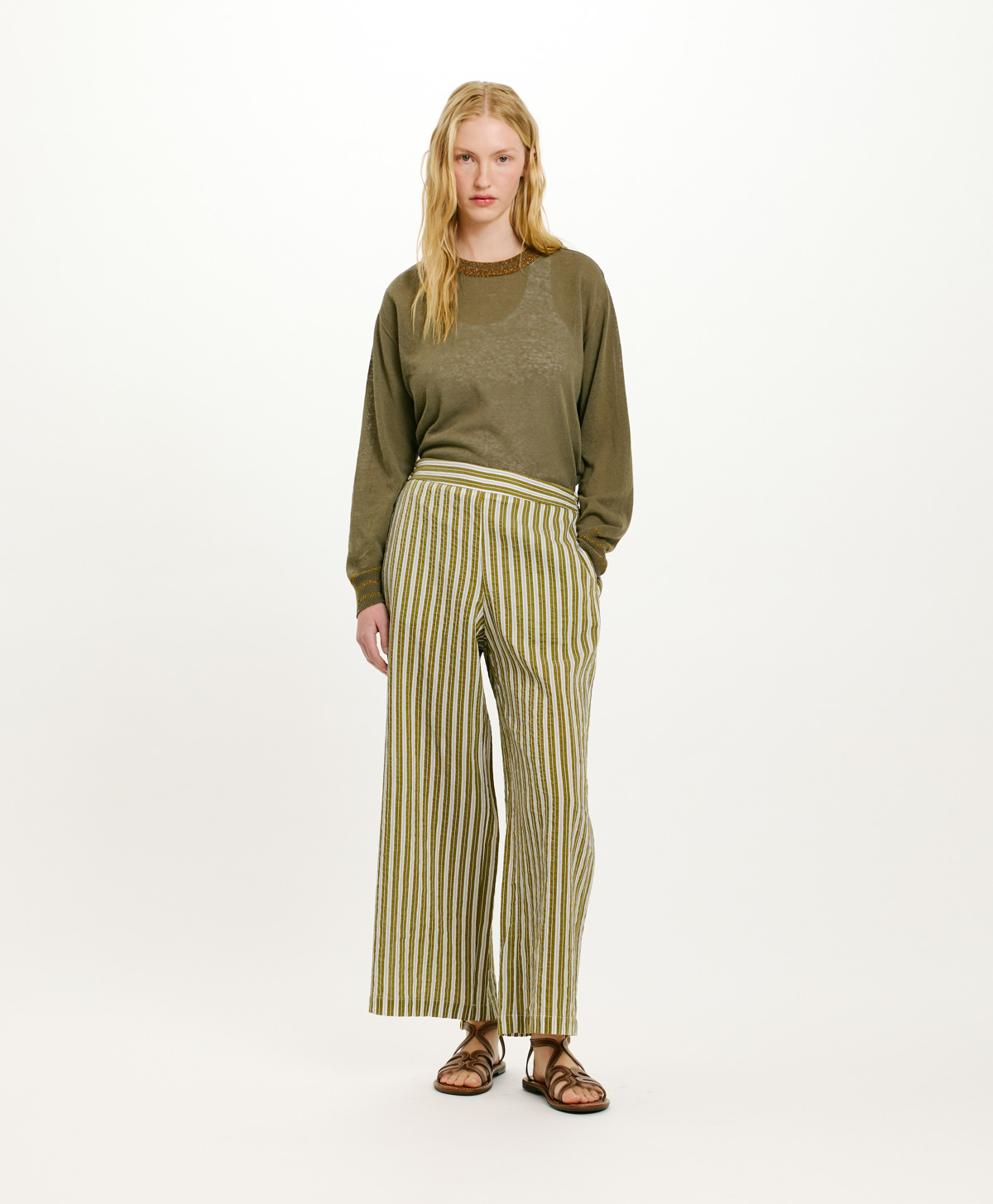 PANTALONI JUAN IN COTONE E SETA RIGATO - PANNA/VERDE - Momonì