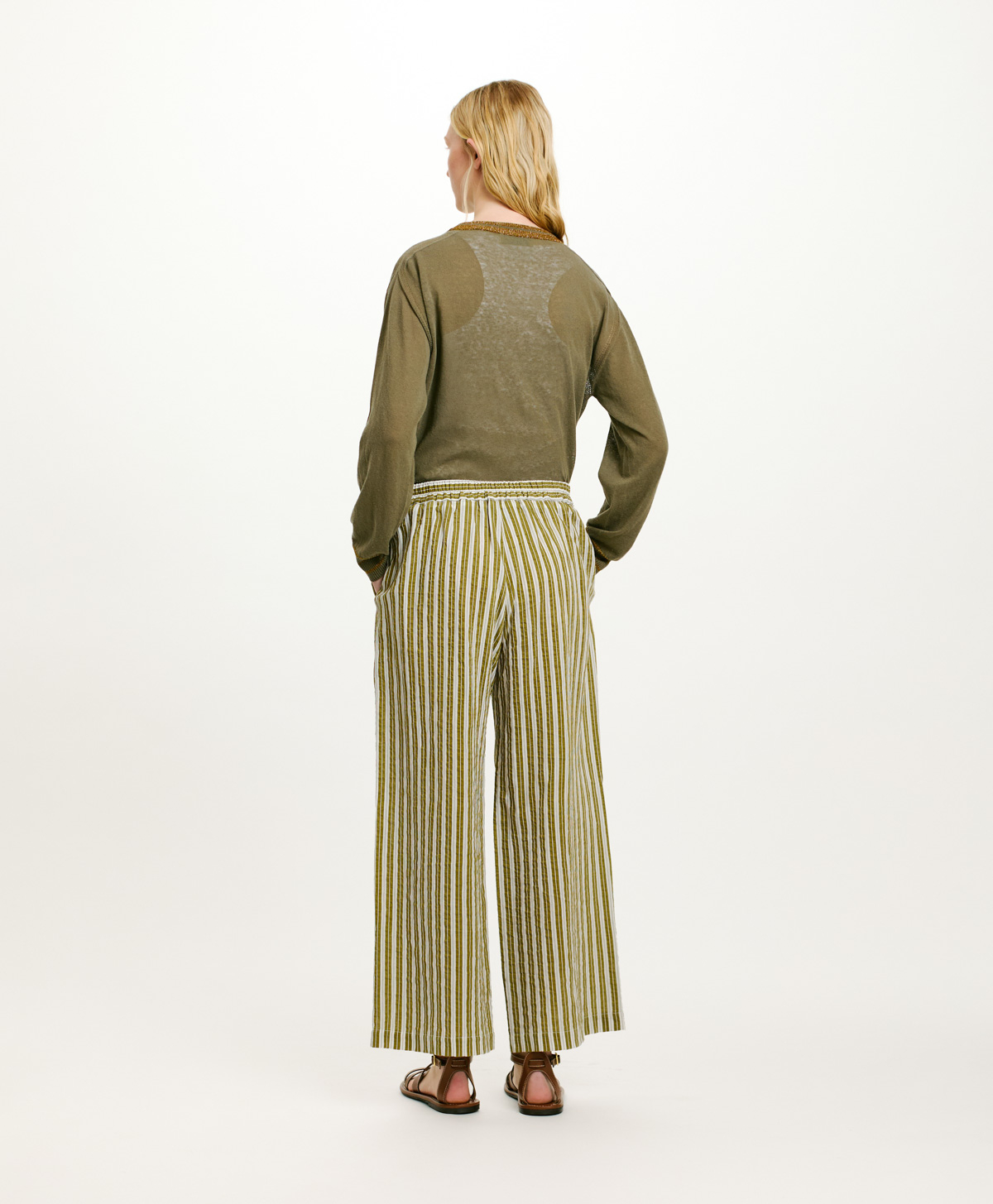 PANTALONI JUAN IN COTONE E SETA RIGATO - PANNA/VERDE - Momonì