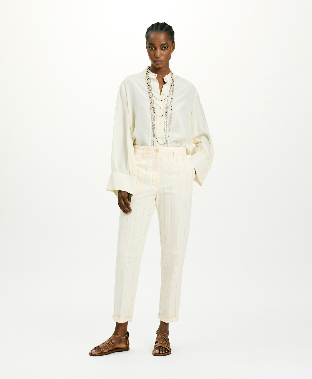MATTHIEU PANTS IN STRIPED FAKE DENIM - CREAM - Clothing - Momonì