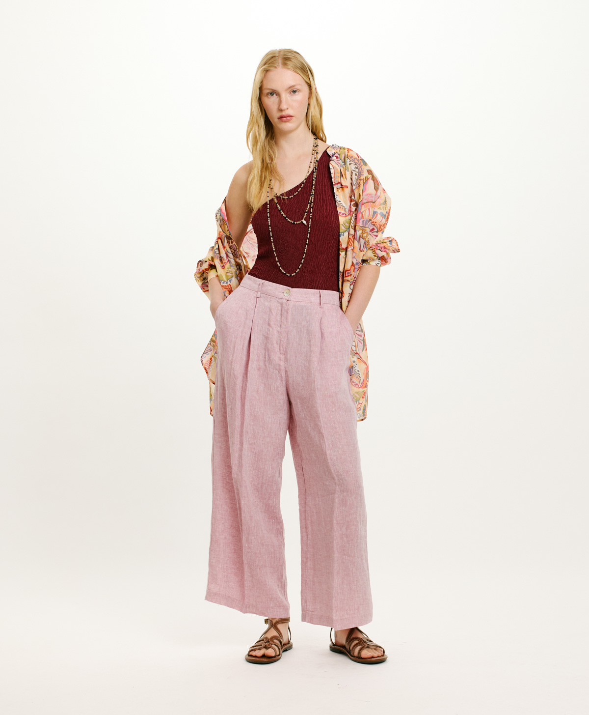 TAPIR PANTS IN YARN DYED LINEN - PINK - Clothing - Momonì