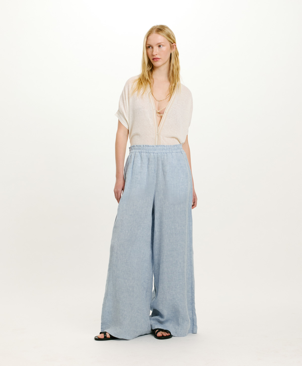 PANTALONI LUCAS IN LINO TINTO FILO - AZZURRO - Momonì