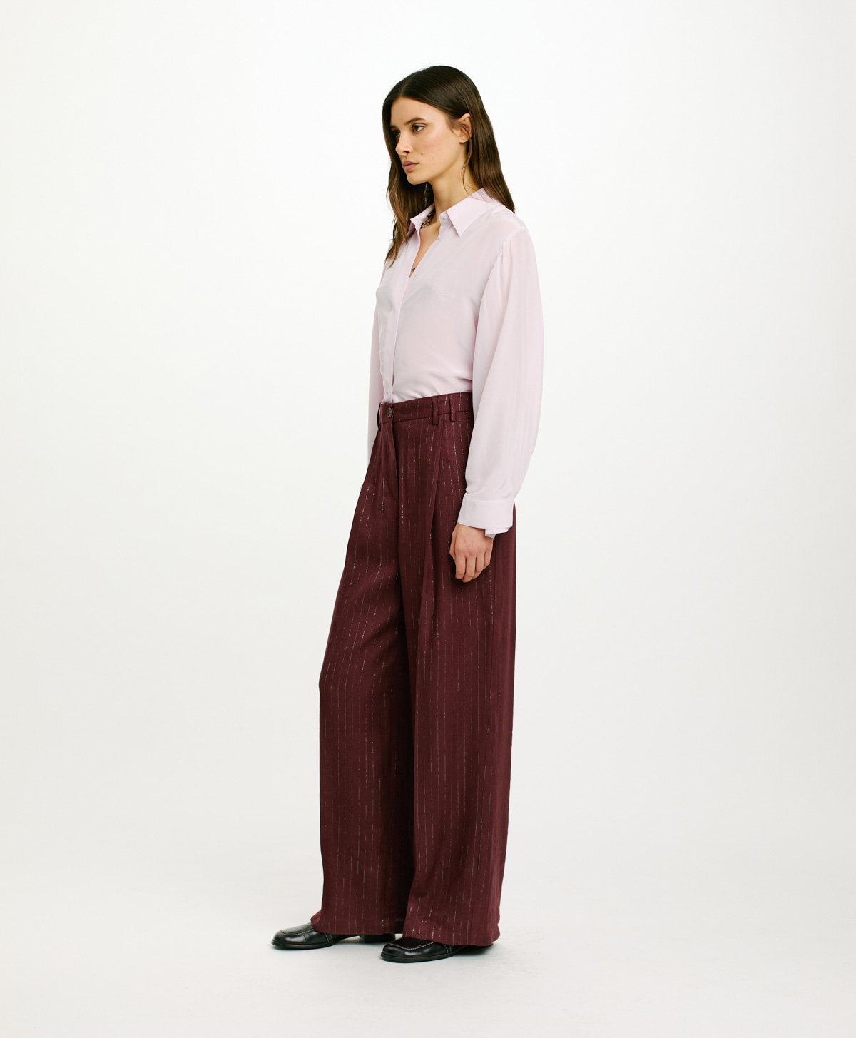 ZURIGO PANTS IN PINSTRIPE LUREX LINEN - PLUM - Momonì
