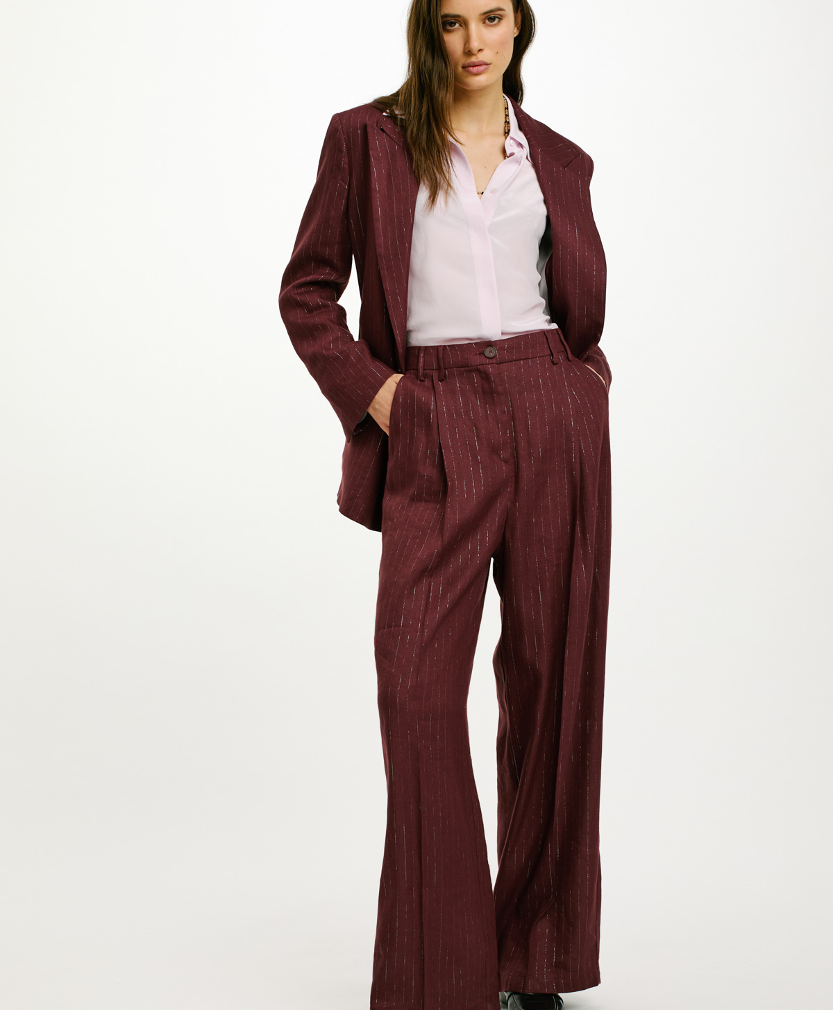ZURIGO PANTS IN PINSTRIPE LUREX LINEN - PLUM - Momonì