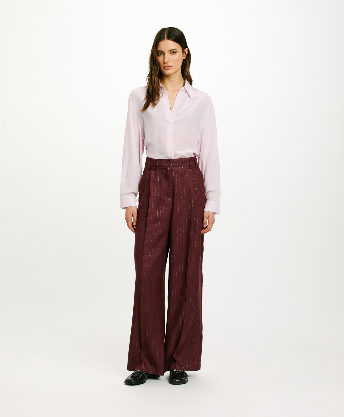 ZURIGO PANTS IN PINSTRIPE LUREX LINEN - PLUM - Momonì