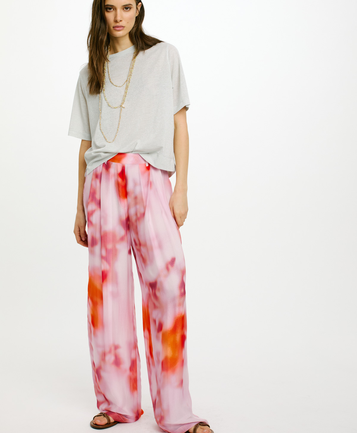 OLDEN PANTS IN PRINTED SILK VISCOSE CHIFFON - ORANGE/BRICK RED - Momonì