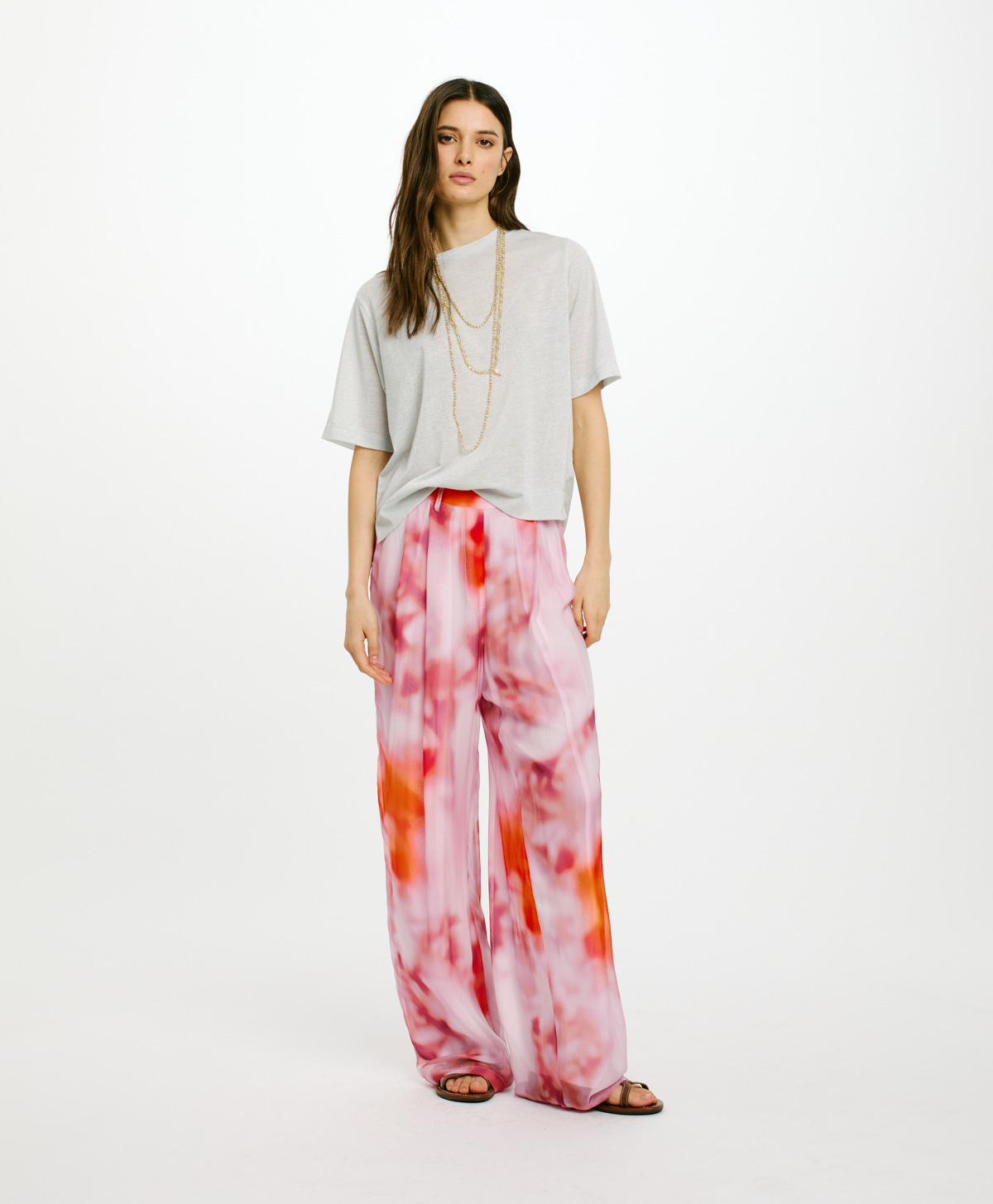 OLDEN PANTS IN PRINTED SILK VISCOSE CHIFFON - ORANGE/BRICK RED - Momonì