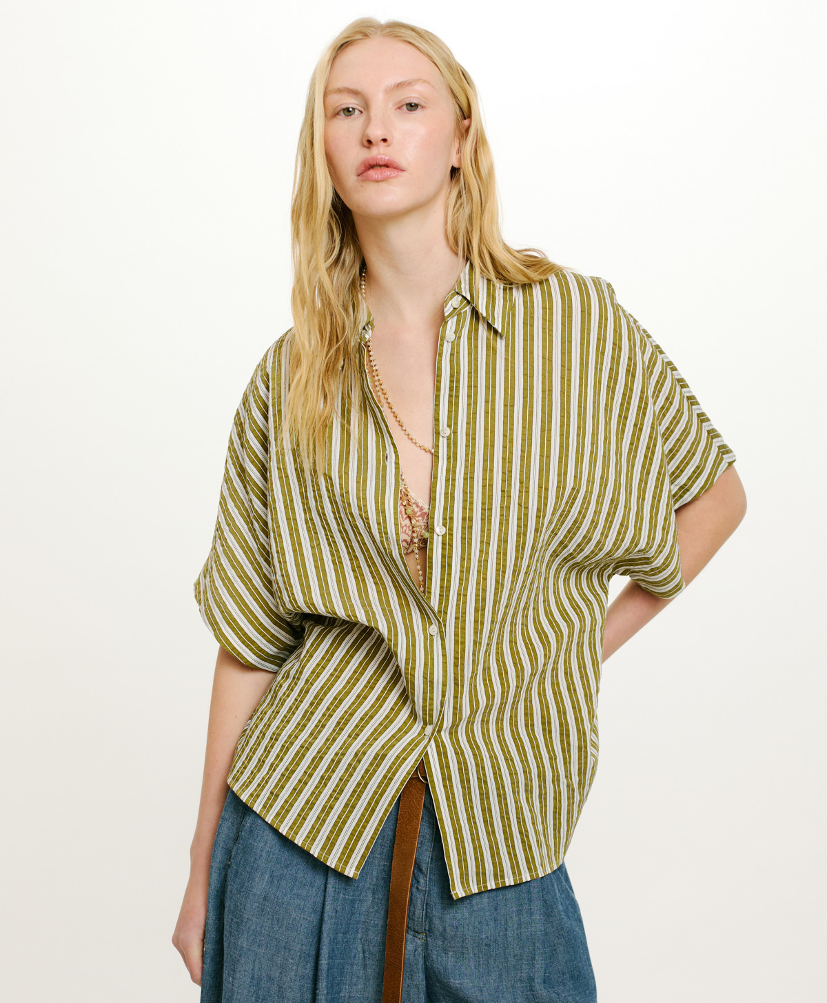 TAINA SHIRT IN STRIPED COTTON AND SILK - CREAM/GREEN - Clothing - Momonì