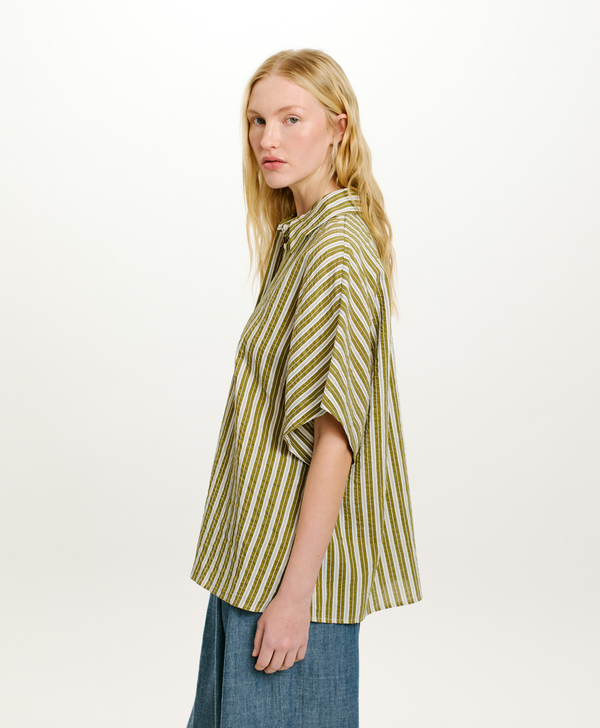 TAINA SHIRT IN STRIPED COTTON AND SILK - CREAM/GREEN - Momonì