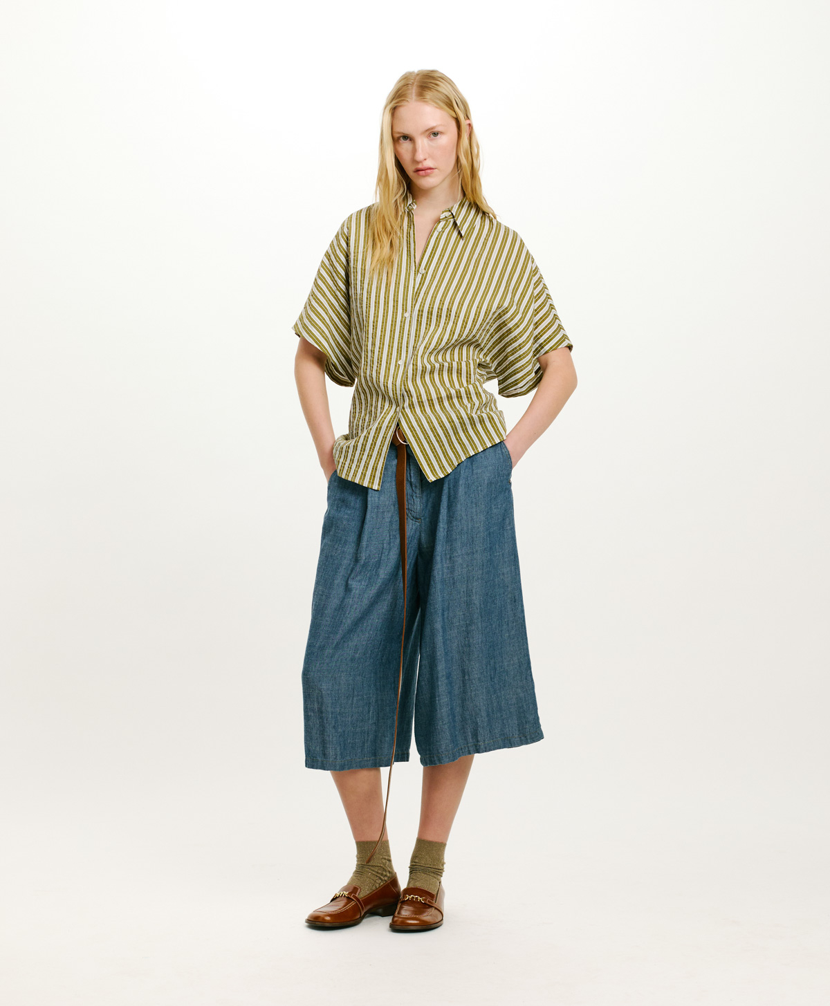 TAINA SHIRT IN STRIPED COTTON AND SILK - CREAM/GREEN - Momonì
