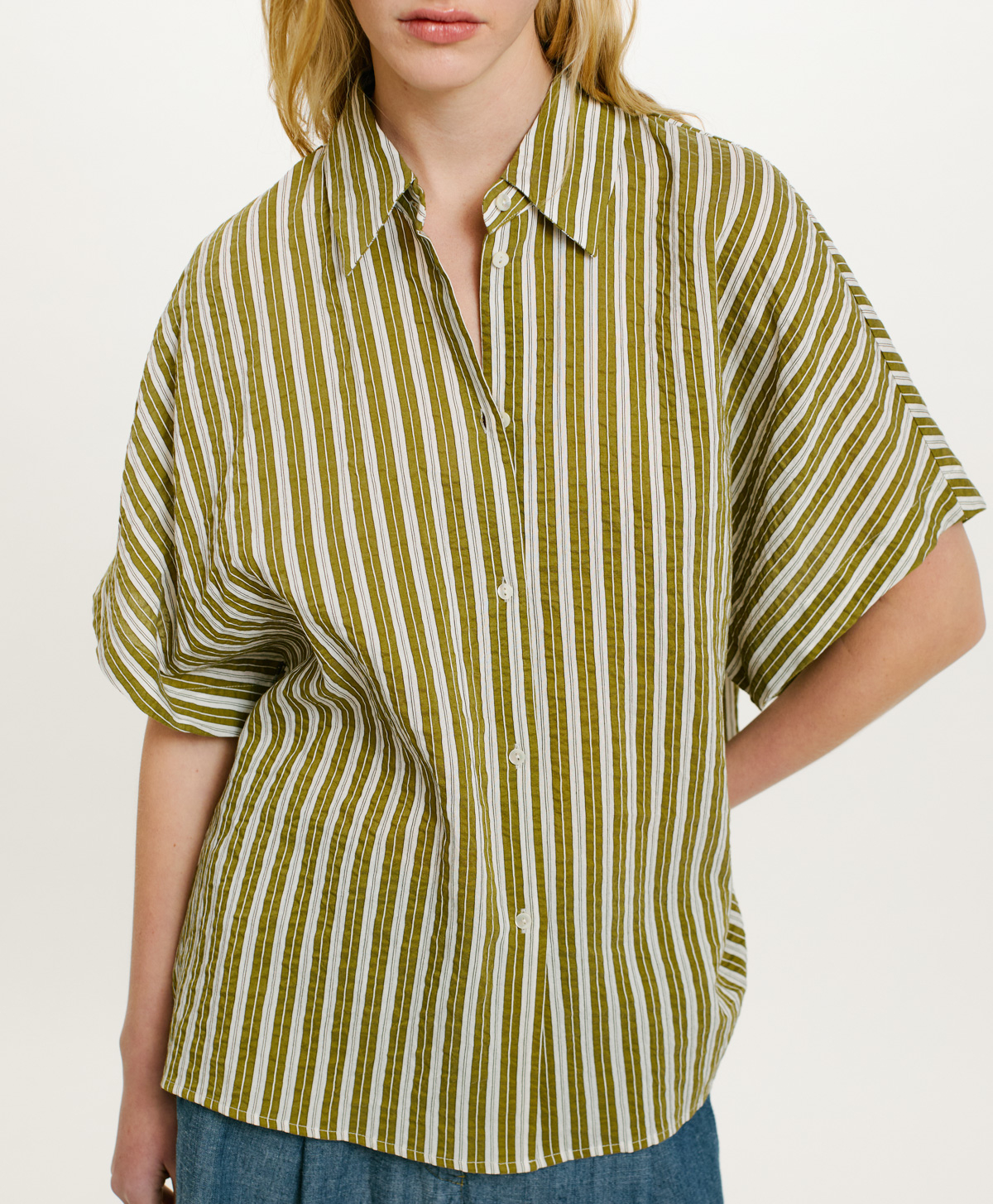 TAINA SHIRT IN STRIPED COTTON AND SILK - CREAM/GREEN - Momonì