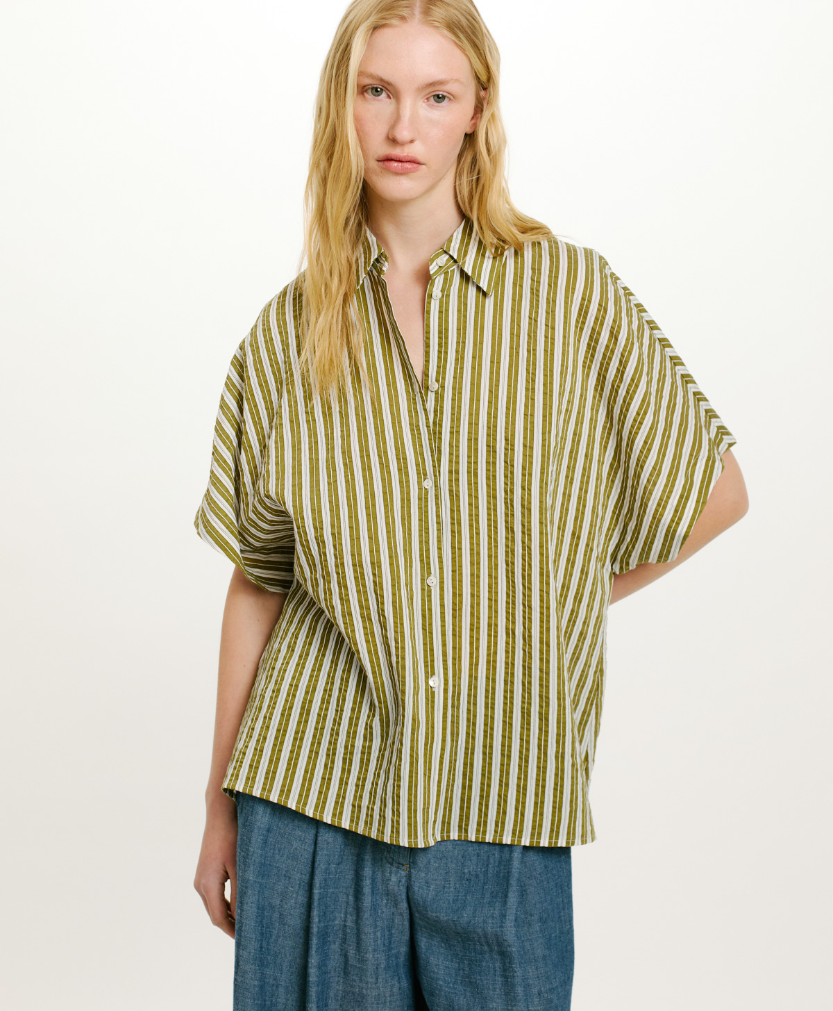 TAINA SHIRT IN STRIPED COTTON AND SILK - CREAM/GREEN - Momonì