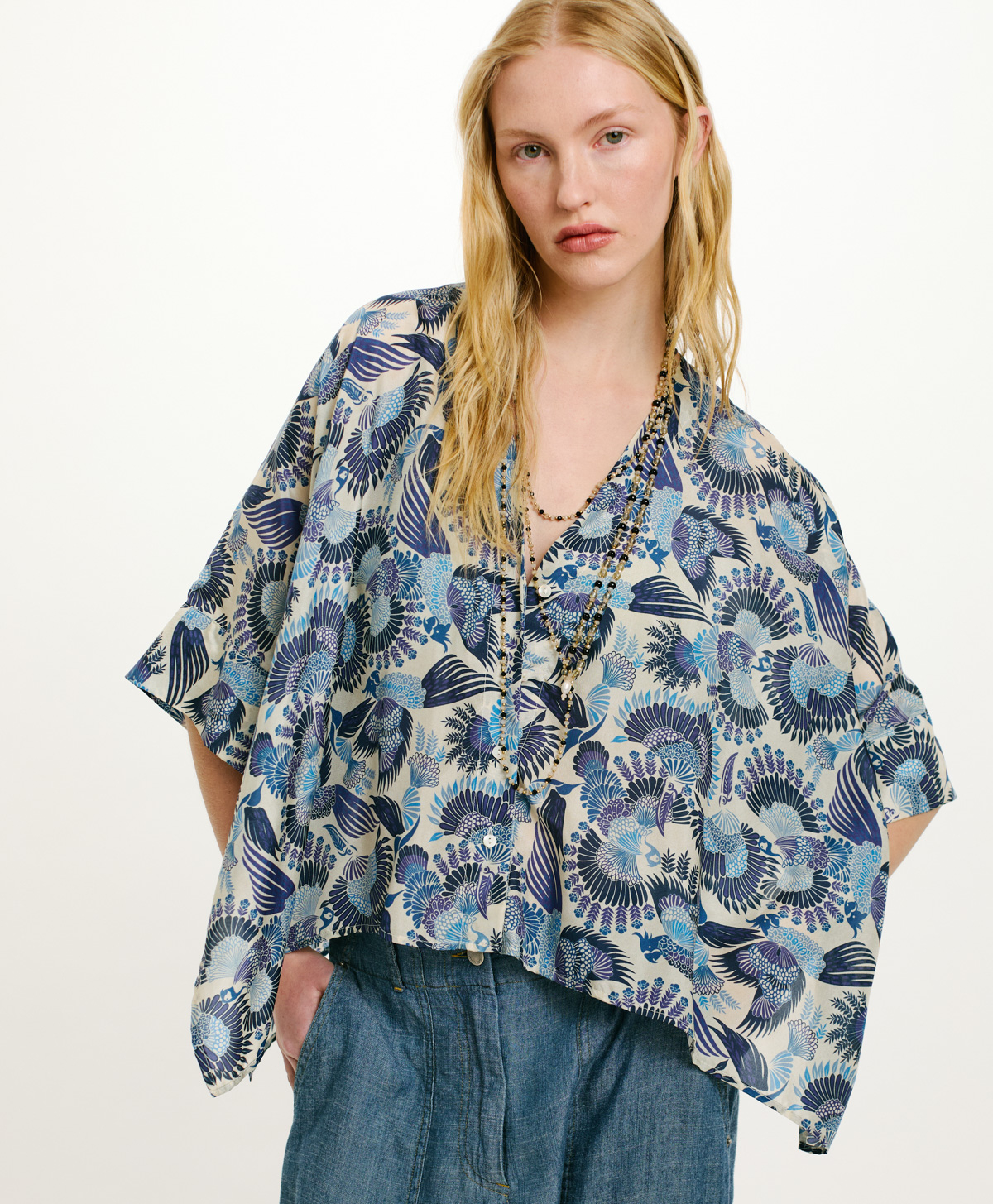 PAHA SHIRT IN PRINTED HABUTAI - MULTICOLOR SKY BLUE - Momonì