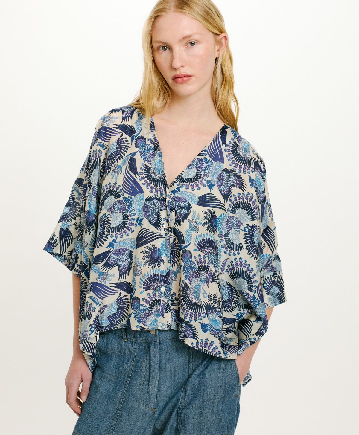 PAHA SHIRT IN PRINTED HABUTAI - MULTICOLOR SKY BLUE - Momonì
