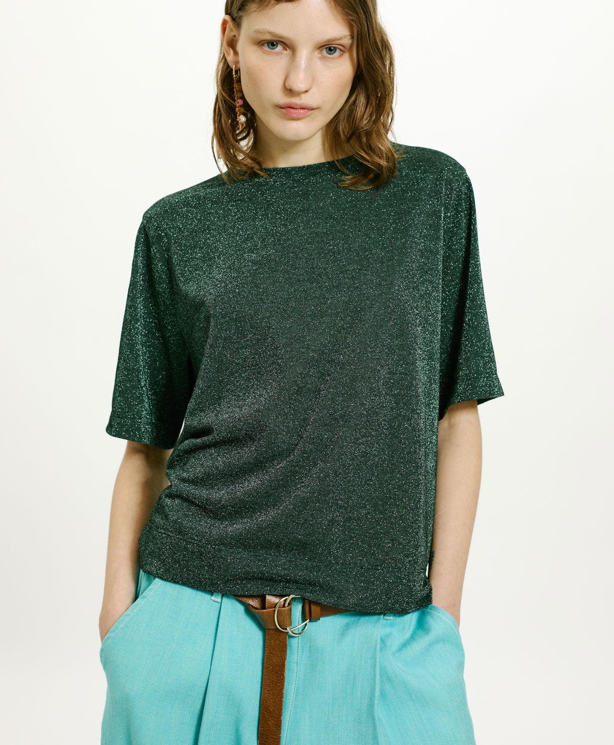 IORA T-SHIRT IN SOLID COLOUR LUREX JERSEY - DARK GREEN - Clothing - Momonì