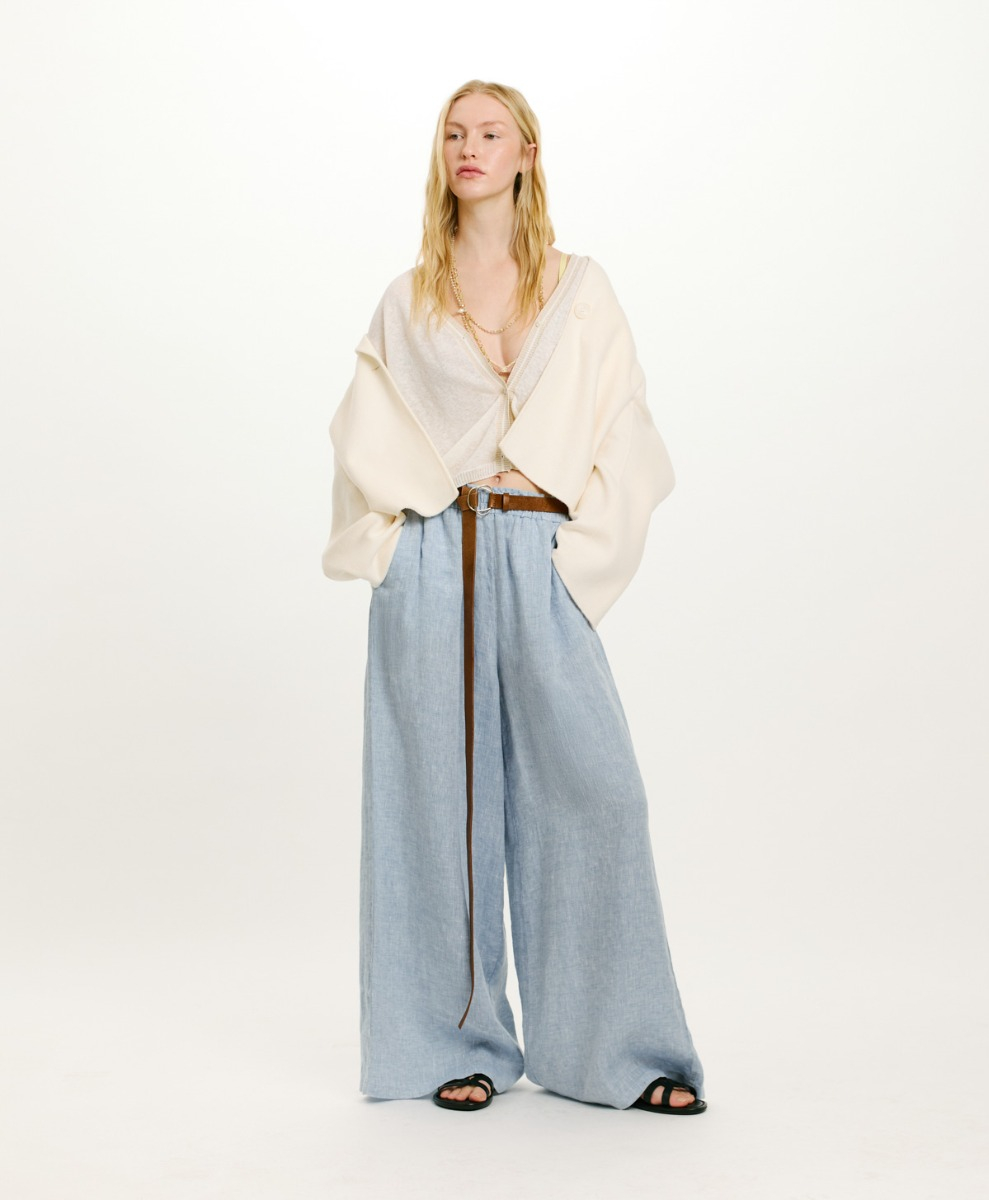 PANTALONI LUCAS IN LINO TINTO FILO - AZZURRO - Momonì