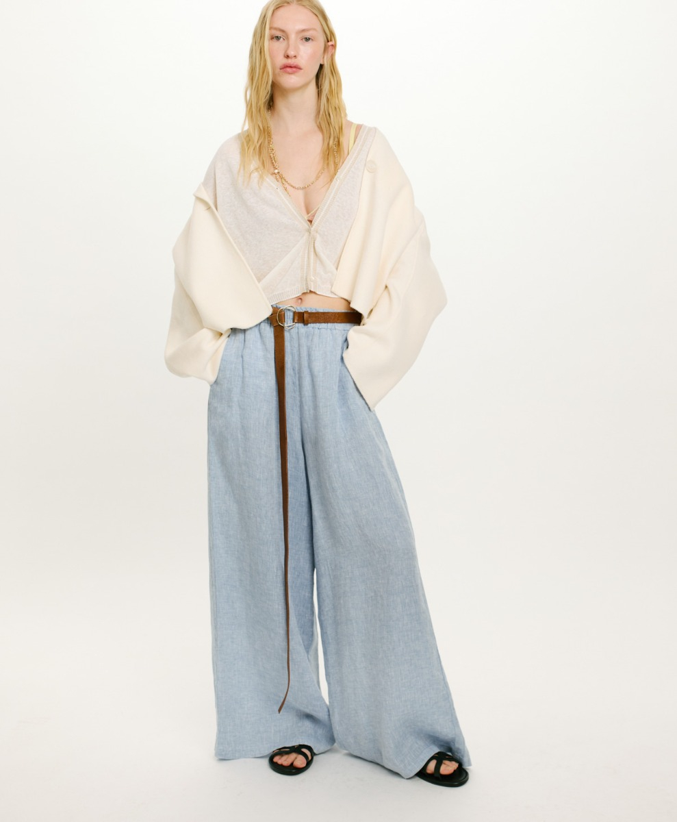 PANTALONI LUCAS IN LINO TINTO FILO - AZZURRO - Momonì