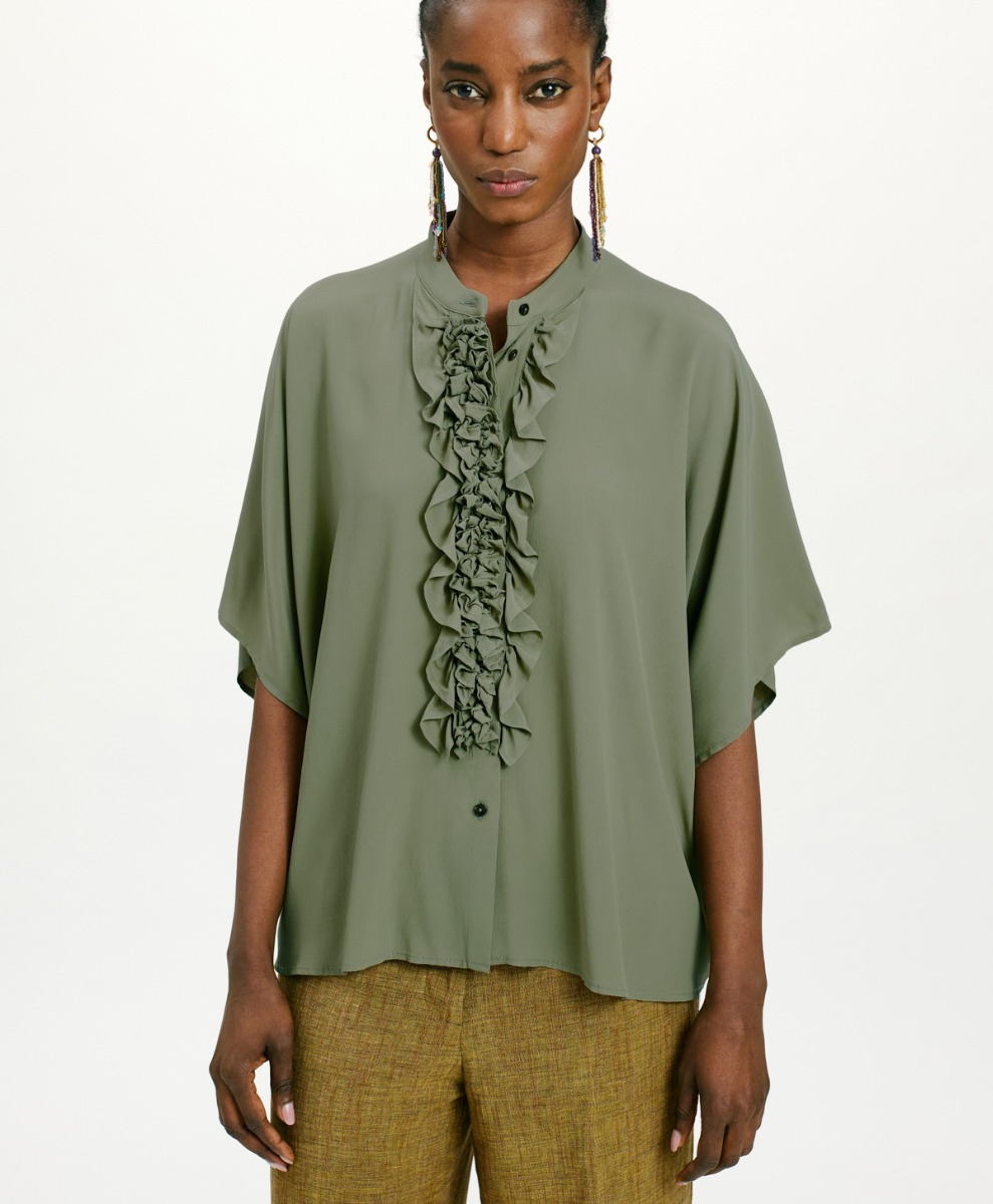 CAMISA BERENICE EN ACETATO SEDA LISO - VERDE SALVIA - Momonì