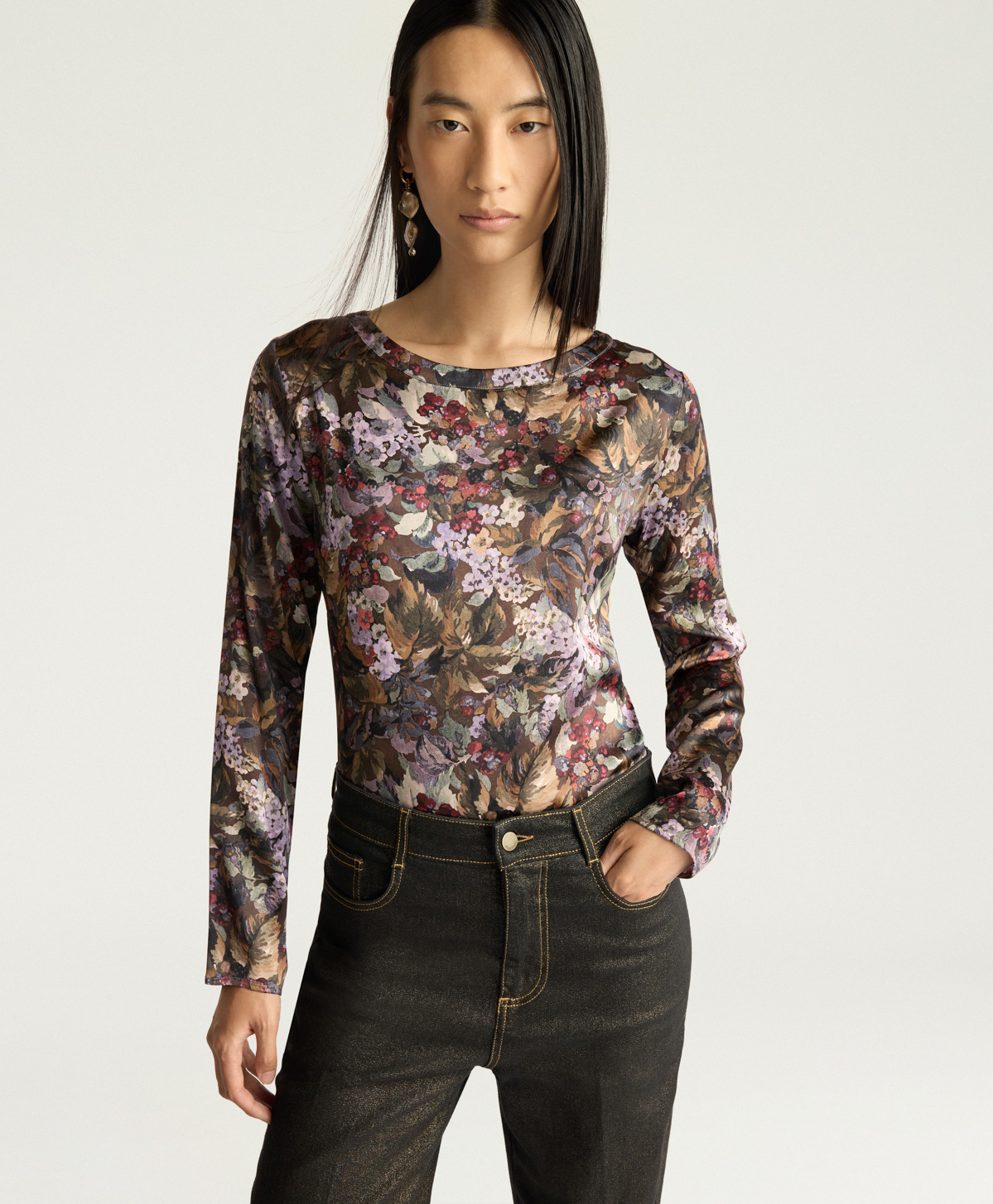 BLOUSE SYLVIA EN SATIN STRETCH IMPRIMÉ - MULTICOLORE KAKI - Clothing - Momonì