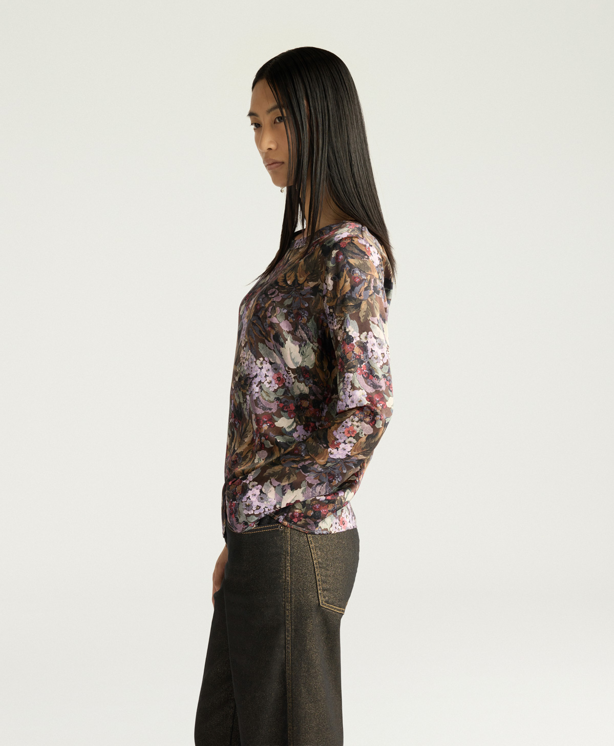 SYLVIA BLOUSE IN PRINTED STRETCH SATIN - KHAKI MULTICOLOR - Momonì