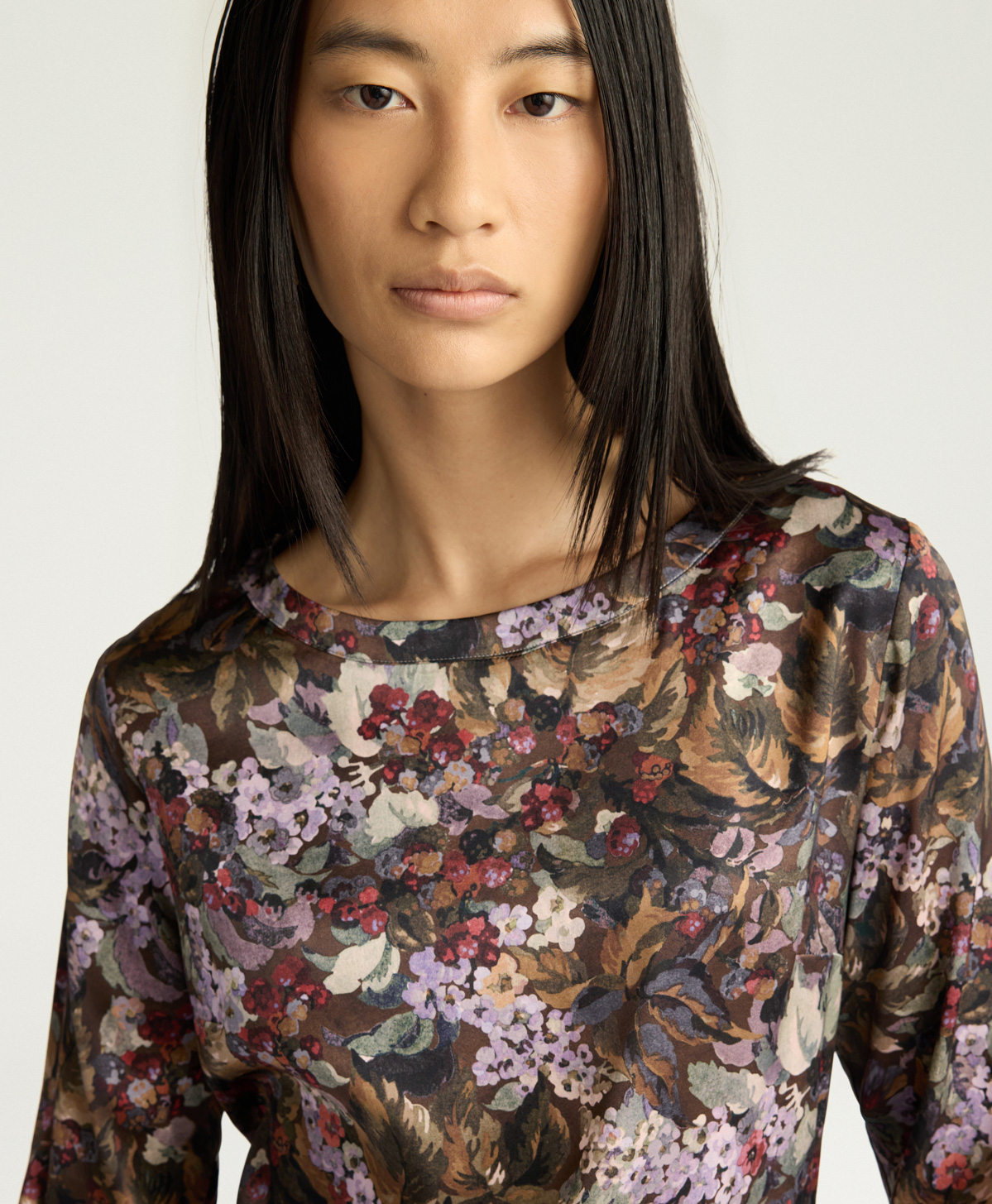 SYLVIA BLOUSE IN PRINTED STRETCH SATIN - KHAKI MULTICOLOR - Momonì