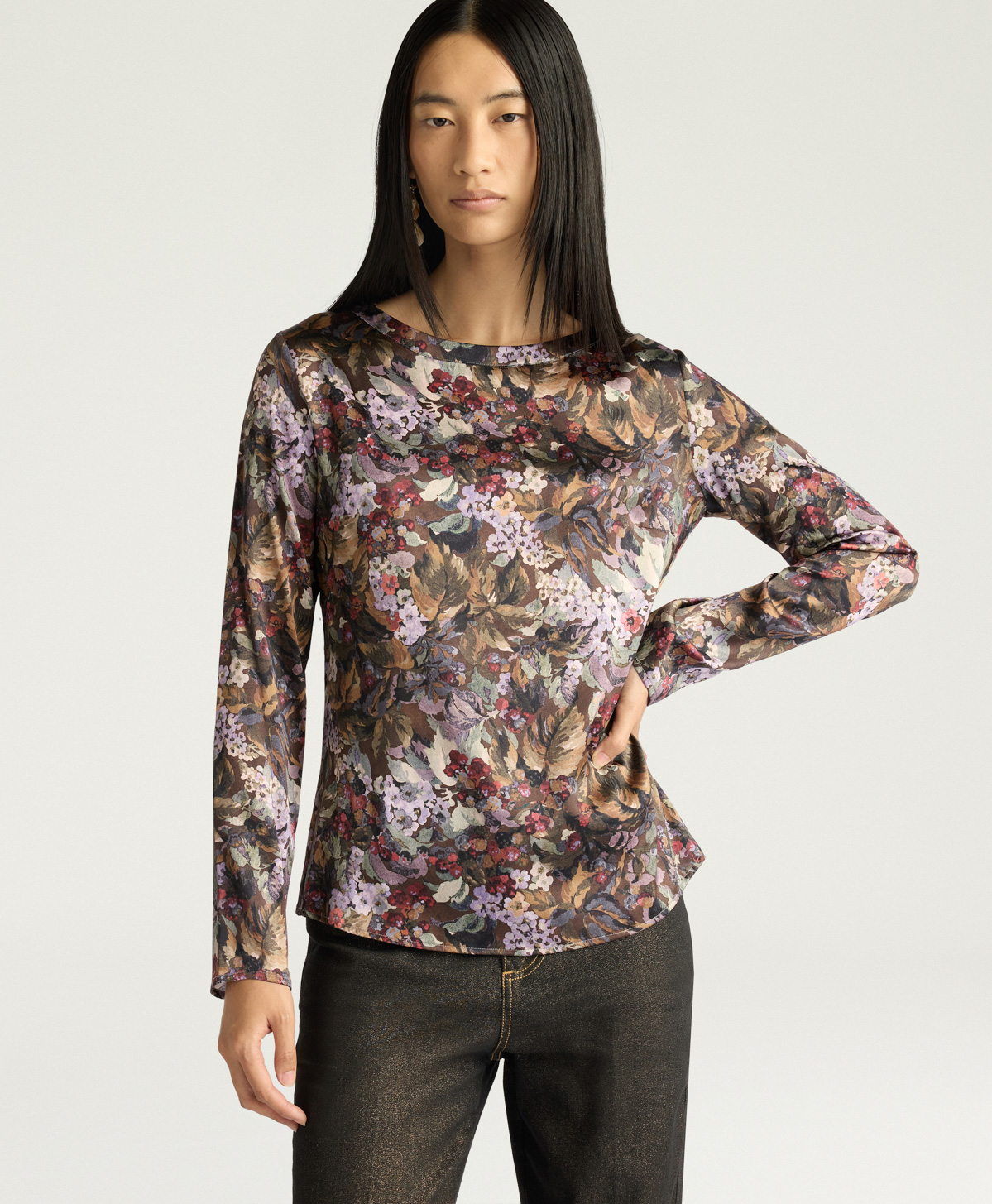 SYLVIA BLOUSE IN PRINTED STRETCH SATIN - KHAKI MULTICOLOR - Momonì