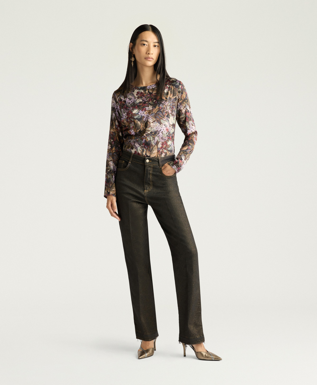 SYLVIA BLOUSE IN PRINTED STRETCH SATIN - KHAKI MULTICOLOR - Momonì