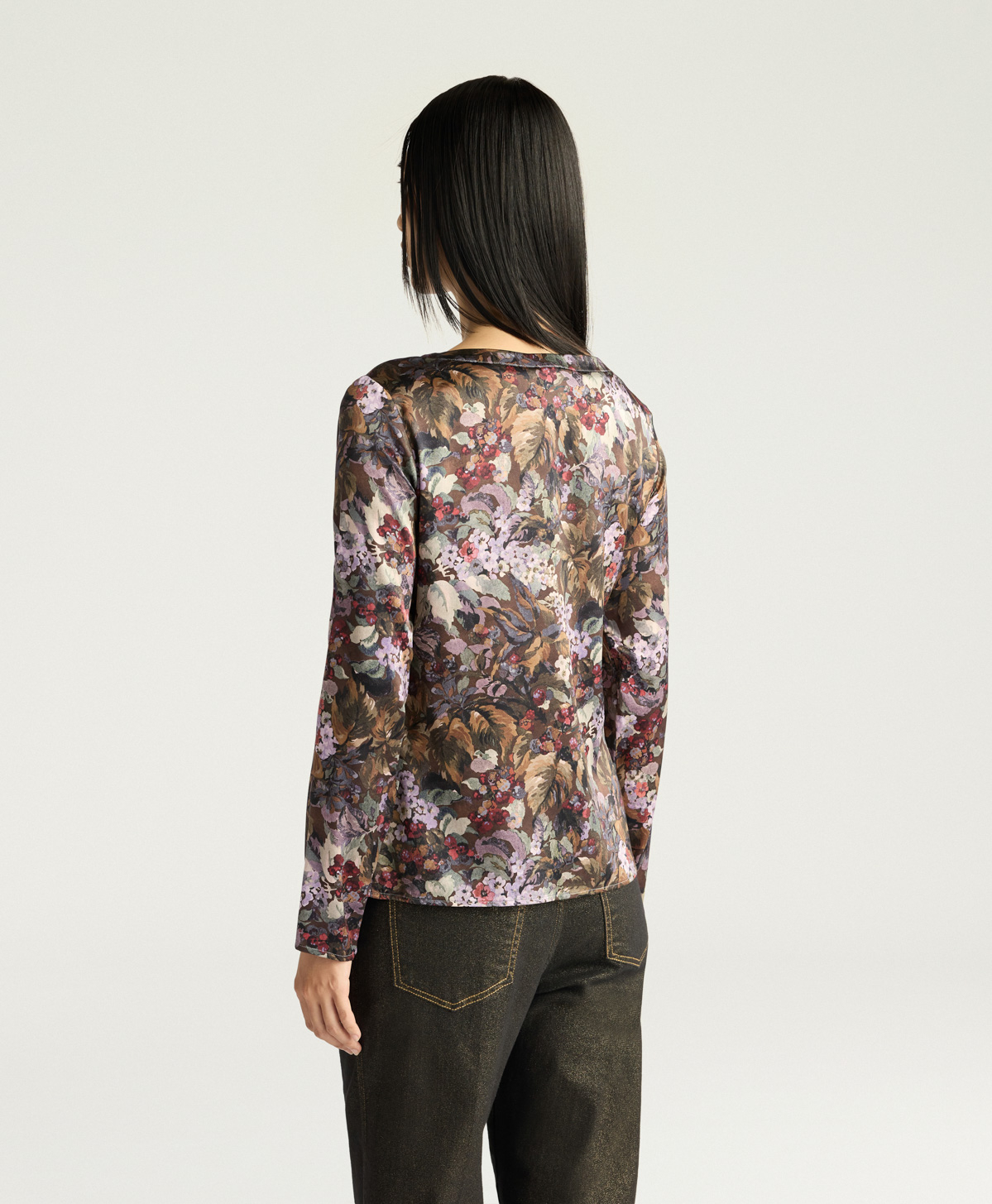 SYLVIA BLOUSE IN PRINTED STRETCH SATIN - KHAKI MULTICOLOR - Momonì