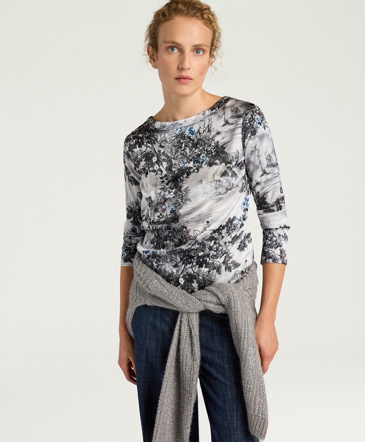 SYLVIA BLOUSE IN PRINTED STRETCH SATIN - SILVER MULTICOLOR - Clothing - Momonì